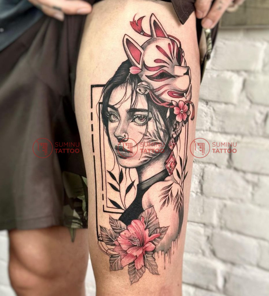 creative tattoo of a girl face with mask and flowers