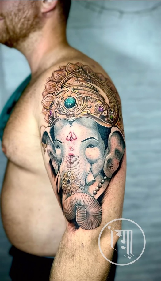 Fantastic Ganesha Tattoo On Half Sleeve - Tattoos Designs