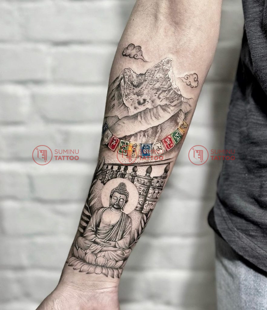 buddha mountain tattoo prayer flags suminu tattoo