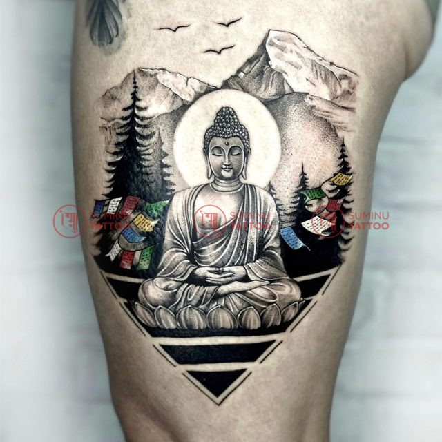 buddha and mountain travel tattoo design, buddha meditating tattoo