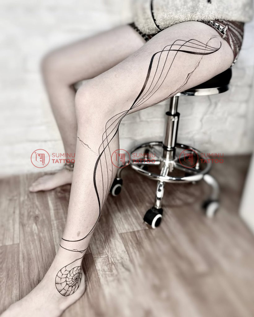 beautiful fine line full leg tattoo for women