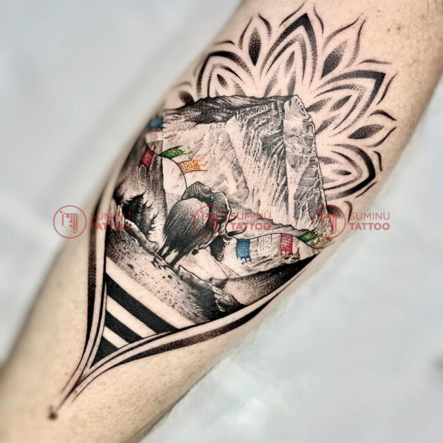 travel tattoo mountain, mandala, prayer flags, yak