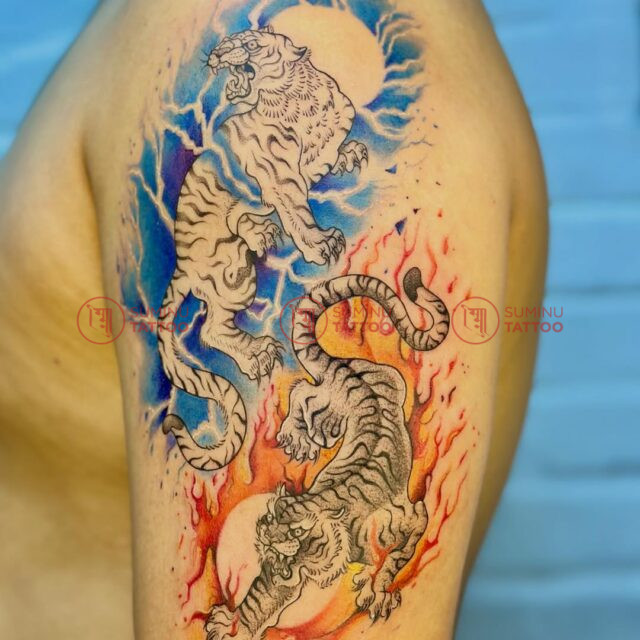 tiger tattoo, two tigers, water and fire tattoo