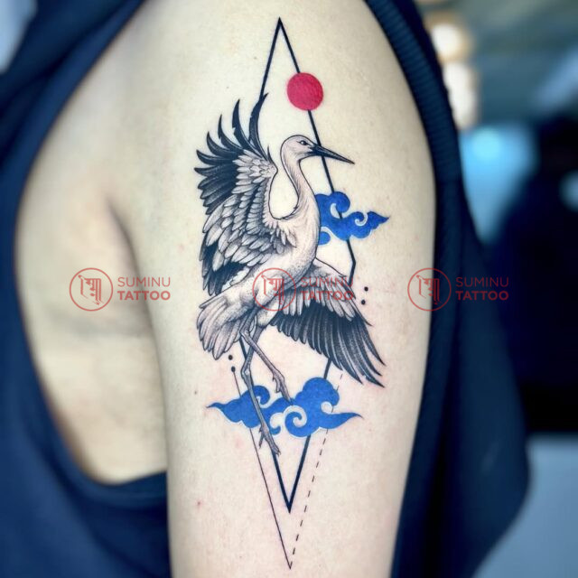 crane tattoo fine line style at nepal tattoo convention by suminu tattoo